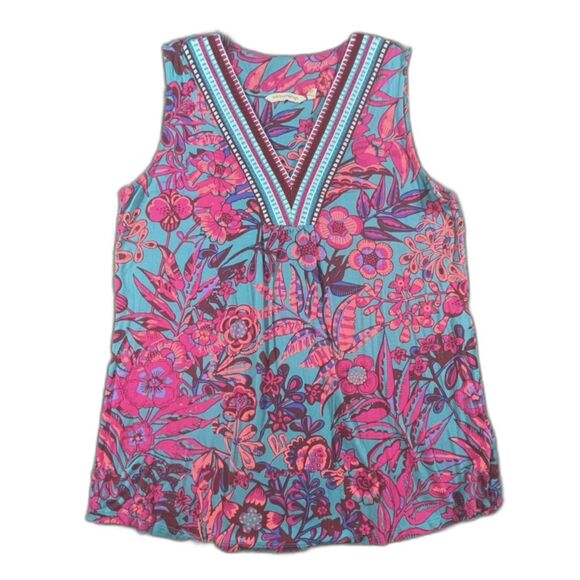 Soft Surroundings Tops - Soft Surroundings Embroidered V-Neck Knit Tank Top Pink Teal Floral sz L Boho